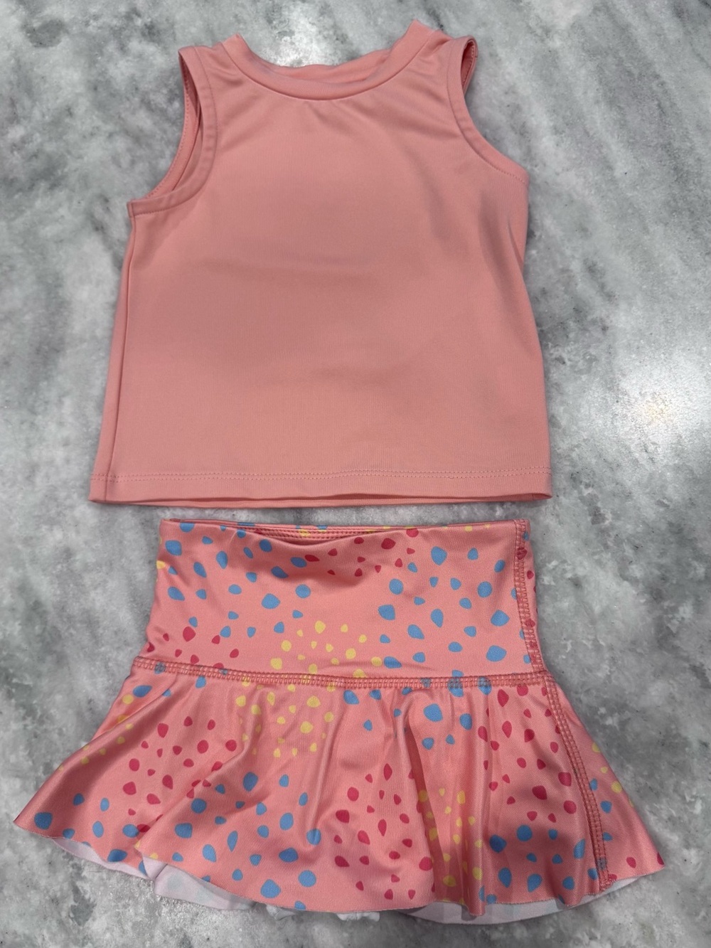 Honesty coral Tank and Skirt Set with Blue and Yellow Dot Print